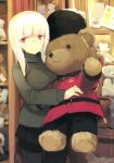  1girl absurdres black_legwear casual glasses heidimarie_w_schnaufer highres long_hair looking_at_viewer official_art pantyhose red_eyes shimada_fumikane solo stuffed_animal stuffed_toy sweater teddy_bear white_hair world_witches_series 