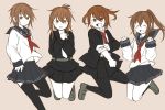  4girls anchor_symbol blazer brown_eyes brown_hair closed_eyes cosplay costume_switch fang fumizuki_(kantai_collection) hair_ornament hairclip ikazuchi_(kantai_collection) inazuma_(kantai_collection) jacket jumping kantai_collection loafers long_hair multiple_girls open_mouth pleated_skirt ponytail sailor_collar shoes short_hair simple_background skirt sleeves_rolled_up sorata_(sorairo_honpo) thigh-highs uniform wakaba_(kantai_collection) 