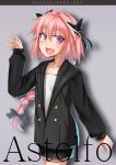  1boy :d absurdres ahoge astolfo_(fate) bangs black_blazer black_bow black_skirt blazer blush bow braid buttons character_name collarbone commentary_request copyright_name cowboy_shot double-breasted drop_shadow eyebrows_visible_through_hair eyelashes fang fate/apocrypha fate/grand_order fate_(series) grey_background hair_between_eyes hair_bow hair_intakes hand_up highres jacket kirisame_mia legs_crossed long_hair long_sleeves looking_at_viewer male_focus miniskirt multicolored_hair open_mouth parted_bangs pink_hair shirt simple_background single_braid sketch skirt sleeves_past_wrists smile solo standing streaked_hair thick_eyebrows trap two-tone_hair v-shaped_eyebrows very_long_hair violet_eyes waving white_hair white_shirt 
