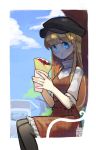  1girl bangs bench black_legwear blonde_hair blue_eyes blue_sky blush braid closed_mouth clouds commentary_request crepe day earrings eating food french_braid hat highres holding jewelry looking_at_viewer outdoors pantyhose short_sleeves signature sitting sky solo tostantan tree unmoving_pattern 