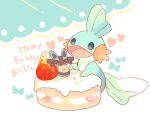  :d character_doll commentary_request english fins food fruit gen_3_pokemon happy_birthday looking_at_viewer lucario mudkip nekotorina no_humans open_mouth pokemon pokemon_(creature) sitting smile solo strawberry strawberry_shortcake 