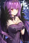  1girl bangs bare_shoulders breasts caster_(lostbelt) cleavage commentary_request covered_navel detached_sleeves dress fate/grand_order fate_(series) feather_trim fur_trim hand_on_own_chest headpiece large_breasts long_hair looking_at_viewer open_mouth purple_dress purple_hair red_eyes signature solo tiara wide_sleeves yyo 
