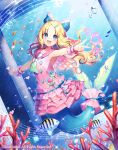  1girl :d animal bangs beamed_quavers blonde_hair blue_eyes blurry blurry_foreground blush bubble cardfight!!_vanguard character_request commentary_request coral crotchet depth_of_field dress dutch_angle eyebrows_visible_through_hair fingernails fish fish_request forehead heart long_hair looking_at_viewer mermaid momoshiki_tsubaki monster_girl musical_note nail_polish official_art open_mouth outstretched_arms parted_bangs pink_dress pink_nails pink_sailor_collar quaver sailor_collar sailor_dress smile solo underwater upper_body very_long_hair water wrist_cuffs 