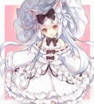 1girl animal_ears azur_lane bare_shoulders black_bow bow breasts cat_ears character_request commentary_request dress frilled_dress frills hair_bow long_hair long_sleeves medium_breasts off-shoulder_dress off_shoulder shirt silver_hair sleeveless sleeveless_shirt sleeves_past_fingers sleeves_past_wrists solo tengxiang_lingnai two_side_up very_long_hair white_bow white_dress white_shirt white_umbrella wide_sleeves 