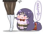  2girls absurdly_long_hair bangs black_legwear black_skirt bodysuit boots brown_legwear chibi commentary_request eyebrows_visible_through_hair fate/grand_order fate_(series) fujimaru_ritsuka_(female) highres jitome knee_boots long_hair low-tied_long_hair minamoto_no_raikou_(fate/grand_order) multiple_girls neck_ribbon pantyhose parted_bangs pelvic_curtain pink_bodysuit pleated_skirt poking purple_hair red_ribbon rei_(rei_rr) ribbon simple_background skirt thigh-highs translation_request very_long_hair violet_eyes white_background white_footwear 