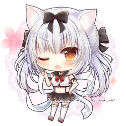  1girl ;o animal_ears azur_lane bangs bare_shoulders black_bow black_sailor_collar black_skirt blush bow bowtie brown_eyes cat_ears chibi commentary_request crop_top eyebrows_visible_through_hair fang frilled_legwear grey_footwear hair_between_eyes hair_bow hand_on_hip index_finger_raised long_hair midriff navel one_eye_closed open_mouth pleated_skirt red_neckwear ribbon sailor_collar school_uniform serafuku shirt shoes silver_hair skirt sleeveless sleeveless_shirt solo thigh-highs twitter_username very_long_hair white_legwear white_ribbon white_shirt yukikaze_(azur_lane) yukiyuki_441 