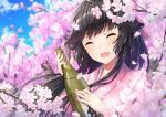 1girl :d ^_^ ^o^ alternate_costume azur_lane black_hair blue_sky blurry blurry_background blush bottle cherry_blossoms closed_eyes clouds day depth_of_field eyebrows_visible_through_hair facing_viewer flower hair_flaps happy holding holding_bottle japanese_clothes kimono long_hair open_mouth pensuke pink_flower pink_kimono shiny shiny_hair sky smile solo spring_(season) takao_(azur_lane) upper_body very_long_hair 