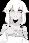  1girl bangs bare_shoulders black_background braid commentary eyebrows_visible_through_hair fingernails greyscale hair_between_eyes hair_flaps highres j.k. looking_at_viewer monochrome original parted_lips ringed_eyes short_hair simple_background solo spot_color yellow_eyes 