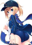  1girl absurdres ahoge artoria_pendragon_(all) ass baseball_cap black_legwear blonde_hair blue_eyes blue_jacket blue_scarf blush fate_(series) from_behind hat highres jacket looking_at_viewer looking_back mysterious_heroine_x rojiura_satsuki:_chapter_heroine_sanctuary scarf short_hair simple_background solo thigh-highs track_jacket wakagi_repa white_background 