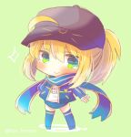  &gt;:) 1girl artoria_pendragon_(all) baseball_cap black_hat blonde_hair blue_buruma blue_jacket blue_legwear blue_scarf blush buruma chibi fate/extella fate/extra fate/grand_order fate_(series) full_body green_background green_eyes gym_shirt gym_uniform hair_through_headwear hand_on_hip hat jacket kouu_hiyoyo long_hair long_sleeves looking_at_viewer mysterious_heroine_x name_tag open_clothes open_jacket ponytail rojiura_satsuki:_chapter_heroine_sanctuary scarf shirt sidelocks smile solo sparkle standing thigh-highs track_jacket twitter_username white_shirt 