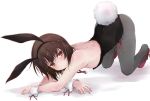 1girl all_fours animal_ears ass black_leotard brown_eyes brown_hair bunny_girl bunny_tail bunnysuit commentary_request detached_collar full_body girls_und_panzer grey_legwear leotard looking_at_viewer nishizumi_maho pantyhose rabbit_ears red_ribbon ribbon short_hair simple_background solo strapless strapless_leotard tail white_background wrist_cuffs yumesato_makura 