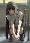  1girl ai_ai_gasa bangs black_hair blush brown_footwear chair expressionless grey_legwear grey_skirt highres indoors long_hair looking_at_viewer loose_socks momiji_oroshi original own_hands_together pleated_skirt red_eyes shirt shoes short_sleeves skirt solo squatting very_long_hair white_shirt window 