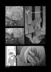  1boy 1girl boots burying comic commentary_request corpse evil_smile forest gloves greyscale highres imagining mochi_au_lait monochrome nature no_nose original rain raincoat rubber_boots shaded_face shovel smile translation_request worktool 