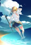  1girl beach bird blonde_hair blue_eyes breasts cleavage clothes_around_waist clouds dutch_angle full_body medium_breasts miniskirt ocean official_art onishima_homare outdoors pleated_skirt polearm sagara_riri school_uniform seagull shirt skirt sky sleeves_rolled_up solo sounan_desuka? spear standing standing_in_water torn_clothes torn_shirt torn_skirt twintails water weapon white_shirt wind 