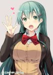  1girl :d blouse breasts brown_jacket brown_sweater cardigan gin&#039;ichi_(akacia) green_eyes green_hair grey_background heart jacket kantai_collection large_breasts long_hair long_sleeves neck_ribbon open_mouth red_ribbon remodel_(kantai_collection) ribbon school_uniform simple_background smile solo suzuya_(kantai_collection) sweater white_blouse 