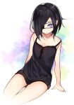  1girl black_hair blue_eyes breasts closed_mouth copyright_request eyepatch highres lingerie looking_at_viewer multicolored multicolored_background multicolored_eyes negligee one_eye_covered short_hair sitting small_breasts solo tsunekichi underwear violet_eyes 
