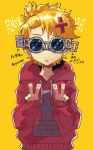  1boy al_bhed_eyes amaneryuusei bangs_pinned_back blonde_hair dappou_rock_(vocaloid) double_v hair_ornament hairclip highres hood hoodie kagamine_len looking_at_viewer red_eyes solo song_name sunglasses v vocaloid x_hair_ornament yellow_background 
