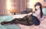  1girl ass bangs bed black_legwear blush brown_hair commentary_request curtains feet highres kyuuso_inukami long_hair looking_at_viewer original pantyhose pillow school_uniform soles solo table 