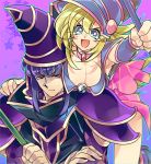  1boy 1girl blonde_hair blush_stickers breasts choker cleavage commentary_request dark_magician dark_magician_girl duel_monster hat large_breasts long_hair medium_hair misaka_(missa) open_mouth smile staff wand wizard_hat yu-gi-oh! yuu-gi-ou_duel_monsters 