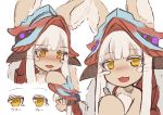  1girl :3 :d animal_ears blush commentary_request eyebrows_visible_through_hair from_side furry hat highres horizontal_pupils horns long_hair looking_at_viewer made_in_abyss nanachi_(made_in_abyss) open_mouth paws profile ria_(efikrisia) smile whiskers white_hair 