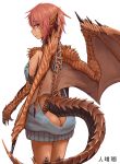  1girl ass bare_back butt_crack dragon_ears dragon_girl dragon_tail dragon_wings eyebrows_visible_through_hair grey_sweater highres hitokuirou looking_at_viewer meme_attire monster_girl naked_sweater original red_eyes redhead scales short_hair solo solo_vivace_(hitokuirou) sweater tail virgin_killer_sweater wings 
