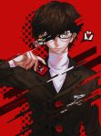  1boy absurdres amamiya_ren arm_at_side black-framed_eyewear breast_pocket brown_hair buttons card closed_mouth copyright_name distortion glasses gloves grey_eyes hand_up heart highres holding holding_card jacket jun_(5455454541) light_smile lips long_sleeves looking_at_viewer male_focus marker_(medium) mask persona persona_5 pocket red_gloves school_uniform shirt short_hair solo spoken_heart traditional_media turtleneck upper_body wavy_hair yellow_eyes 