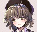  1girl :d ahoge bangs beret black_hat blush brown_eyes brown_hair collarbone eyebrows_visible_through_hair fang hair_between_eyes hat hatoba_tsugu hatoba_tsugu_(character) head_tilt open_mouth ruri_rarako shirt smile solo suspenders virtual_youtuber white_shirt 