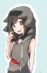  1girl black_hair blush cosplay gladio_(pokemon) gladio_(pokemon)_(cosplay) highres hood hoodie looking_at_viewer miu_(miuuu_721) mizuki_(pokemon_sm) pokemon pokemon_(game) pokemon_sm short_hair sleeveless solo 