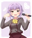  1girl :d absurdres agung_syaeful_anwar ascot bangs blush bow bowtie brown_eyes commentary eyebrows_visible_through_hair grey_jacket hair_intakes hair_ornament hairclip heart high-waist_skirt highres idolmaster idolmaster_cinderella_girls jacket koshimizu_sachiko long_sleeves looking_at_viewer open_mouth polka_dot purple_background purple_hair red_skirt short_hair simple_background skirt smile solo upper_body wide_face yellow_neckwear 