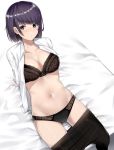  1girl arm_support bed_sheet black_bra black_legwear black_panties blue_eyes blush bra closed_mouth collared_shirt commentary_request embarrassed eyebrows_visible_through_hair navel open_clothes open_shirt original panties pantyhose pantyhose_pull purple_hair shirt short_hair sitting solo suzuharu_toufu underwear wing_collar 