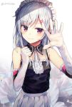 1girl bangs blush camisole closed_mouth elbow_gloves eyebrows_visible_through_hair frills gloves grey_hair hair_ornament hairclip hands_up highres huwali_(dnwls3010) long_hair looking_at_viewer maid original silver_hair skirt solo tsurime twitter_username upper_body violet_eyes white_gloves white_skirt 