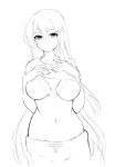  1girl absurdres blush breasts commentary doki_doki_literature_club eyebrows_visible_through_hair flying_sweatdrops greyscale hair_between_eyes hair_ornament hairclip highres large_breasts lifted_by_self long_hair looking_at_viewer monochrome navel otxoa60 pajamas parted_lips shirt_lift solo upper_body very_long_hair yuri_(doki_doki_literature_club) 