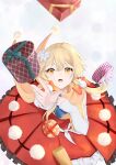  1girl absurdres bare_shoulders blonde_hair box christmas dress eyebrows_visible_through_hair falling flower from_above genshin_impact gift gift_box hair_between_eyes hair_flower hair_ornament highres holding lumine_(genshin_impact) open_mouth red_dress red_ribbon ribbon yellow_eyes yonchome 