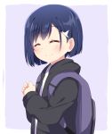  1girl absurdres agung_syaeful_anwar backpack bag bangs black_hoodie blue_hair blush closed_eyes closed_mouth collared_shirt darling_in_the_franxx eyebrows_visible_through_hair facing_viewer hair_between_eyes hair_ornament highres hood hood_down hoodie ichigo_(darling_in_the_franxx) long_sleeves open_clothes open_hoodie own_hands_together purple_background shirt smile solo two-tone_background white_background white_shirt 