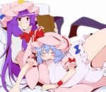  2girls bloomers blue_bow blue_hair blush blush_stickers book bow closed_eyes commentary_request crescent eichi_yuu hat hat_ribbon holding holding_book leaning_back long_hair lying mob_cap multiple_girls on_lap on_stomach open_book patchouli_knowledge pink_hat puffy_short_sleeves puffy_sleeves purple_hair reading red_bow red_ribbon remilia_scarlet ribbon short_hair short_sleeves sleeping smile touhou underwear violet_eyes wrist_cuffs 