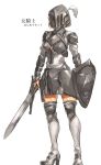  1girl armor boobplate boots commentary_request faulds full_armor full_body helmet high_heel_boots high_heels holding holding_sword holding_weapon knee_boots melon22 original plate_armor shield simple_background solo spaulders standing sword weapon white_background 