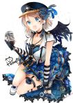  1girl :d arm_warmers artist_name black_choker black_gloves black_nails black_neckwear black_wings blue_eyes bubble choker earrings facial_mark feathered_wings fingerless_gloves garter_straps gloves grey_hair hat hat_feather hat_ribbon highres jewelry leg_garter looking_at_viewer love_live! love_live!_school_idol_festival love_live!_sunshine!! microphone_stand nail_polish necktie open_mouth overskirt peke_(xoxopeke) plaid plaid_skirt ribbon shoes short_hair short_sleeves skirt smile sneakers solo star striped suspenders waist_cape watanabe_you wings 