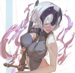 1girl ass bangs bloop blush bottomless breasts brown_eyes chains embarrassed fate/grand_order fate_(series) female_ass grey_hair holding holding_sword holding_weapon jeanne_d&#039;arc_(alter)_(fate) jeanne_d&#039;arc_(fate)_(all) large_breasts looking_at_viewer navel no_panties open_mouth short_hair sidelocks smile solo sword wavy_mouth weapon