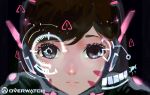  ! 1girl absurdres bangs blue_eyes brown_hair copyright_name d.va_(overwatch) face headgear highres holographic_interface jun_(5455454541) lips looking_at_viewer marker_(medium) overwatch parted_lips sign solo traditional_media warning_sign whisker_markings 