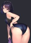  1girl ass black_background black_hair black_swimsuit blush cowboy_shot from_behind highres kagematsuri leaning_forward looking_at_viewer looking_back one-piece_swimsuit original parted_lips short_hair simple_background smile solo standing swimsuit violet_eyes 