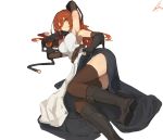  1girl armpits belt black_footwear blue_skirt blush boots breasts brown_legwear closed_mouth dress elbow_gloves extra_arms gloves hair_between_eyes lansane large_breasts looking_at_viewer lying on_side one_eye_closed orange_hair original scar signature simple_background skirt smile solo thigh-highs white_background white_dress yellow_eyes 