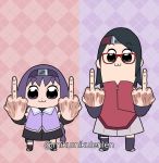  2girls :3 ariamikukanzaki bare_shoulders black_eyes black_hair boruto:_naruto_next_generations boruto:_naruto_the_movie braid comic crossover glasses kakei_sumire konohagakure_symbol long_hair looking_at_viewer middle_finger multiple_girls parody pipimi poptepipic popuko purple_hair red-framed_eyewear short_hair simple_background smile uchiha_sarada very_long_hair violet_eyes 