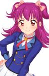  1girl aikatsu! aikatsu!_(series) blue_jacket blush bow brown_eyes character_request closed_mouth commentary_request eyebrows_visible_through_hair hair_bow hand_on_hip highres jacket long_sleeves looking_at_viewer minowa_hikari neck_ribbon pink_bow pleated_skirt purple_hair red_ribbon ribbon sekina shirt simple_background skirt smile solo two_side_up upper_body white_background white_shirt white_skirt 