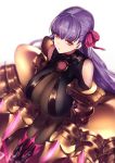  1girl blurry blurry_background bodysuit breasts claws closed_mouth commentary_request depth_of_field eyebrows_visible_through_hair fate/extra fate/extra_ccc fate_(series) gigantic_breasts kyouya_(mukuro238) long_hair looking_at_viewer o-ring passion_lip pink_eyes purple_hair see-through simple_background sitting solo very_long_hair white_background 