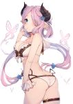  1girl ass bikini blue_eyes breasts butterfly cleavage draph earrings gin00 granblue_fantasy hair_ornament hair_over_one_eye hairclip highres horns insect jewelry lavender_hair leg_garter long_hair medium_breasts narmaya_(granblue_fantasy) pointy_ears simple_background solo star star_earrings swimsuit white_background white_bikini 