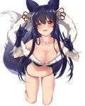 1girl ;d absurdres animal_ears backless_outfit bangs bare_shoulders barefoot bell bikini black_bikini blunt_bangs blush breasts cleavage collarbone erune eyebrows_visible_through_hair fox_ears fox_shadow_puppet fox_tail full_body fur fur-trimmed_bikini fur_gloves fur_trim gloves granblue_fantasy groin hair_bell hair_ornament hair_ribbon highres impossible_clothes jingle_bell kneeling large_breasts legs_apart long_hair looking_at_viewer medium_breasts navel one_eye_closed open_mouth red_eyes red_ribbon ribbon smile solo spicy_moo stomach swimsuit tail very_long_hair yuel_(granblue_fantasy)