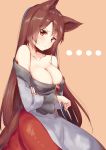  ... 1girl :&lt; animal_ears bangs bare_shoulders beige_background blush breast_hold breasts brooch brown_eyes brown_hair cleavage collarbone dress highres imaizumi_kagerou jewelry ksk_(semicha_keisuke) large_breasts long_hair simple_background solo sweatdrop tail touhou wolf_ears wolf_tail 