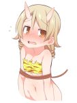  bandeau bangs bare_arms bare_shoulders blush bound brown_eyes eyebrows_visible_through_hair fangs flying_sweatdrops hair_between_eyes horns idolmaster idolmaster_cinderella_girls light_brown_hair long_hair looking_at_viewer morikubo_nono navel nose_blush oni_horns open_mouth ringlets rope simple_background sweat sweatdrop upper_body ushi white_background yellow_bandeau 