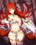 1girl absurdres bare_shoulders breasts chixiao cleavage collarbone commentary_request gauntlets highres horns long_hair looking_at_viewer medium_breasts miniskirt navel off_shoulder original pleated_skirt redhead skirt solo yellow_eyes 