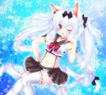  animal_ears azur_lane blush breasts cat_ears cat_tail fang hair_ribbon long_hair looking_at_viewer midriff mikoto_r_a navel one_eye_closed open_mouth red_eyes ribbon silver_hair snowflakes tail thigh-highs twintails yukikaze_(azur_lane) 